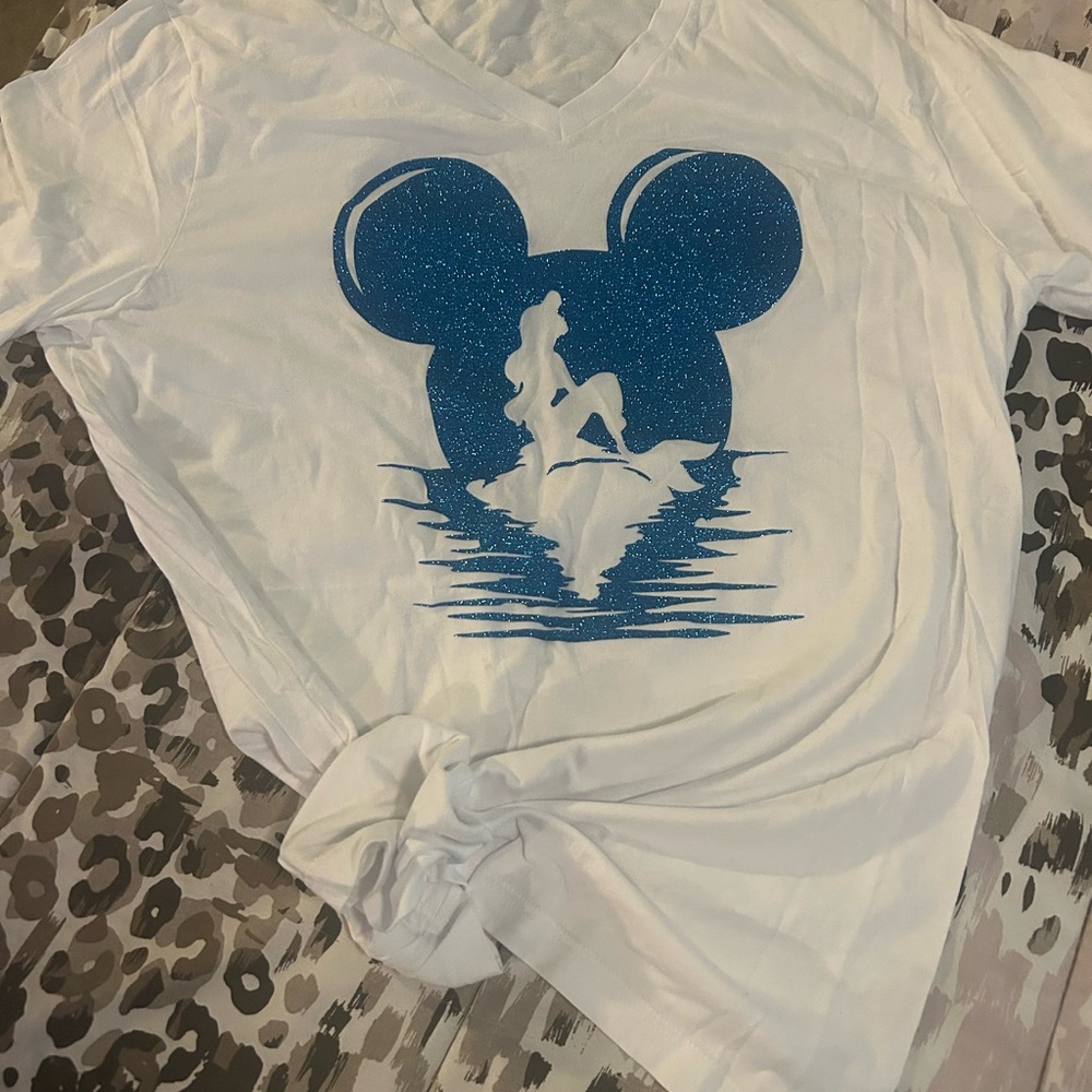 Disney White T-Shirt with little mermaid Blue Glitter Graphic